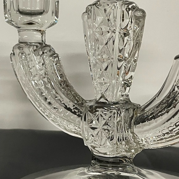 Pair Of Vintage Tiffin Glass Double Candlestick Holders Etched Floral‎ Clear EUC - Picture 4 of 11